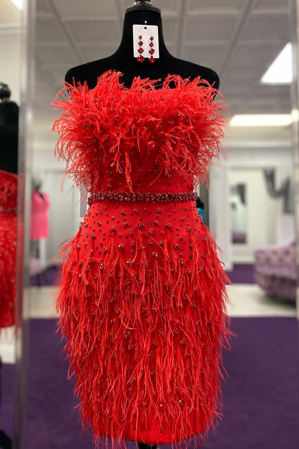 Sparkly Fuchsia Beaded Tight Short Homecoming Dress/Mini Dress with Feathers