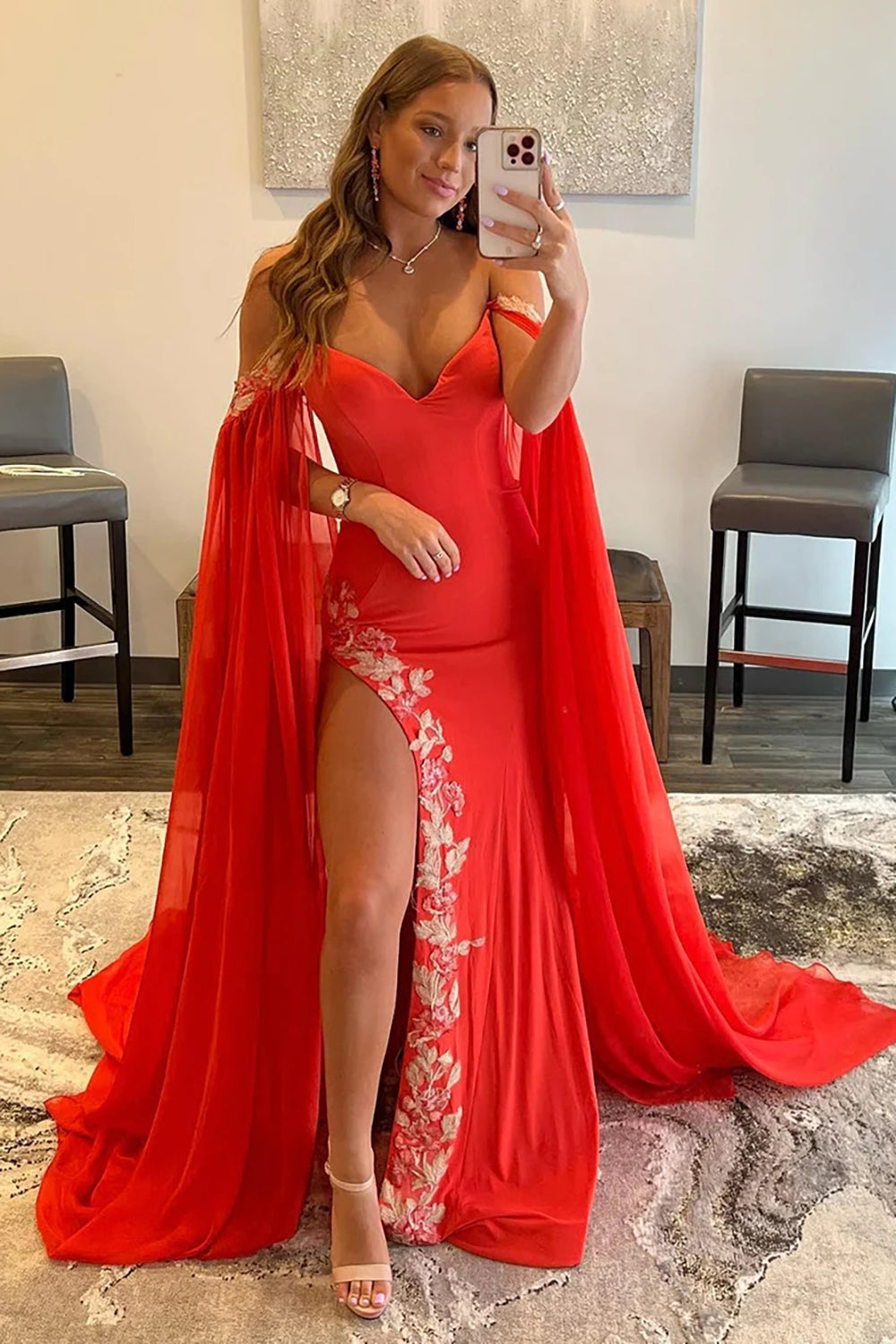 Yellow Long Prom Dress with Slit in A-Line Off-the-Shoulder Style