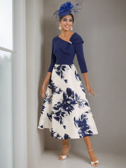 V-Neck A-Line Princess Tea-Length Mother of the Bride Dress with 3/4 Sleeves and Rhinestone Flower Print