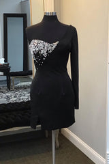 Sparkly Black BeadedOne Shoulder One Sleeve Tight Short Homecoming Dress/Mini Dress
