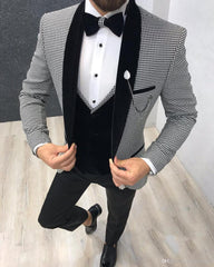Black Houndstooth Three-Piece Shawl Lapel Men's Suits