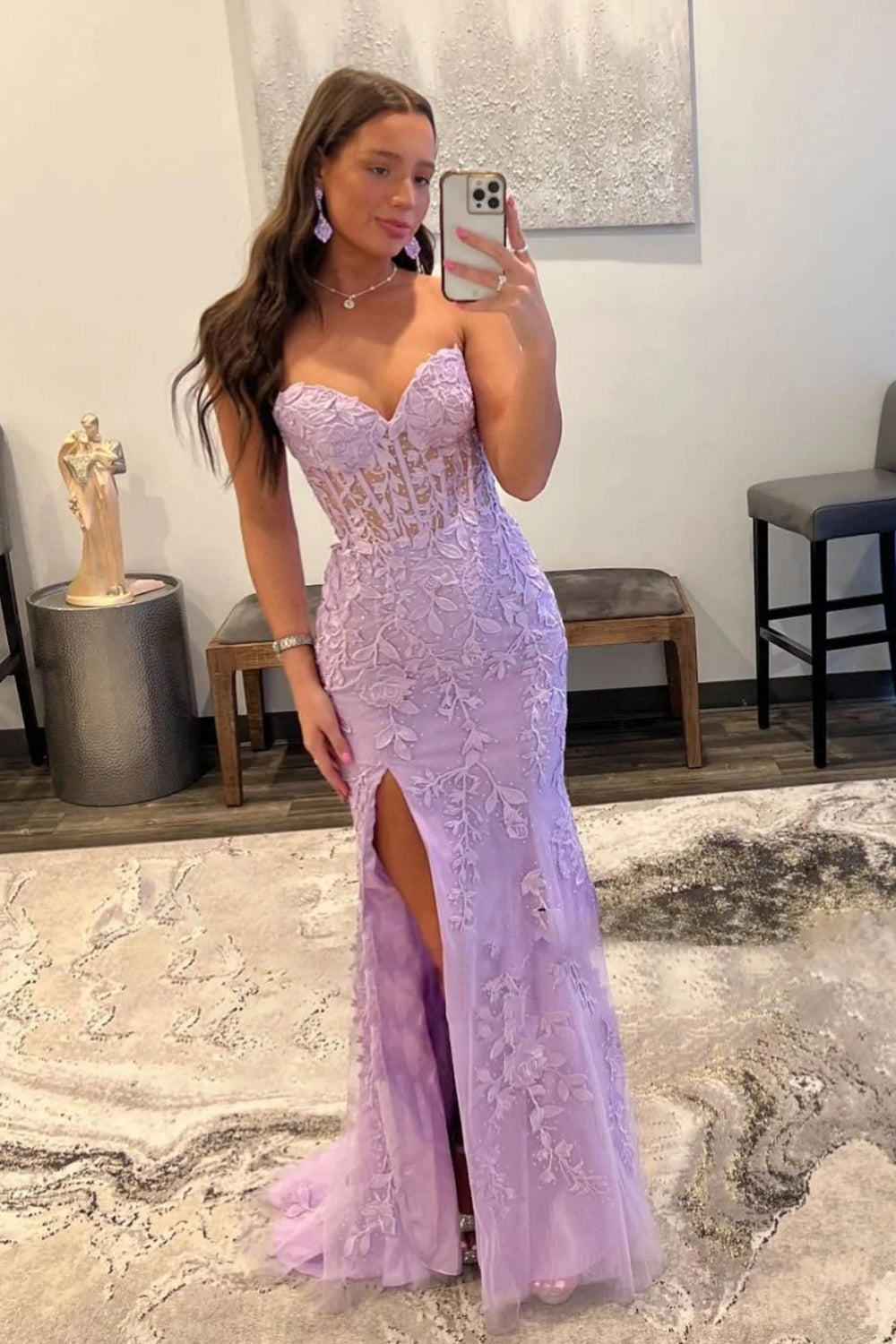 Long Black Sweetheart Corset Prom Dress Featuring Lace and a Slit