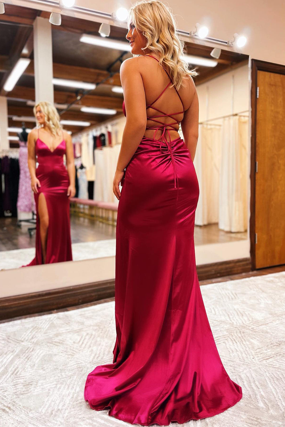 Long Blue Prom Dress with Spaghetti Straps and Silt Sheath