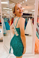 Sparkly Dark Green Sequins Lace-Up Back Tight Short Homecoming Dress/Mini Dress