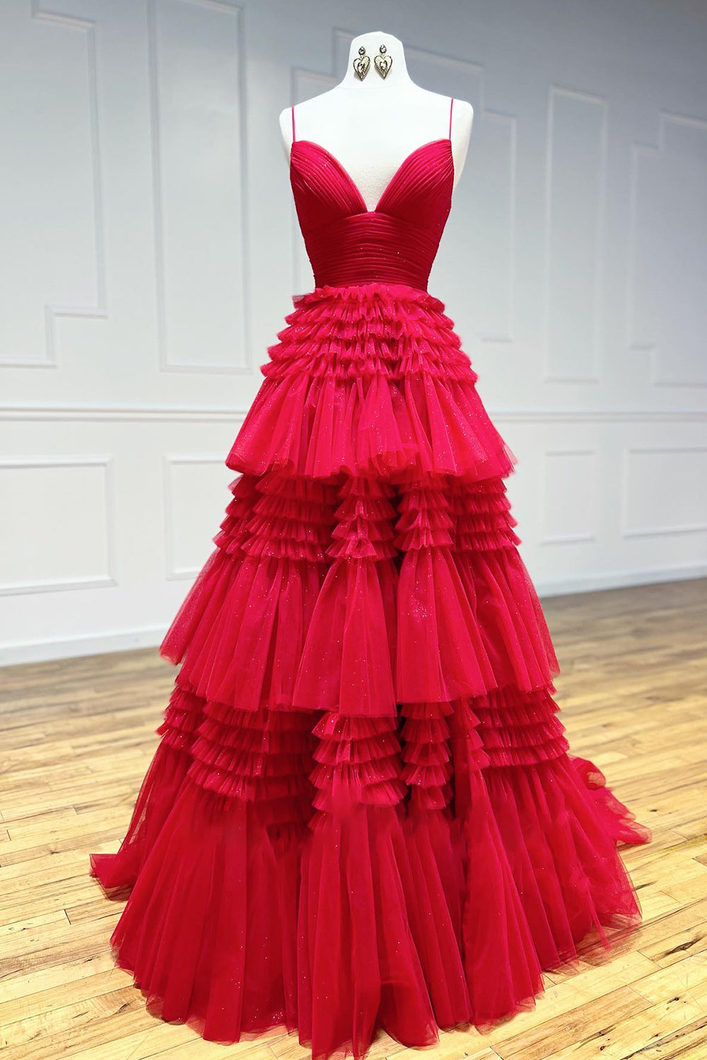 Long Prom Dress with Red Tulle and Spaghetti Straps