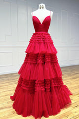Long Prom Dress with Red Tulle and Spaghetti Straps
