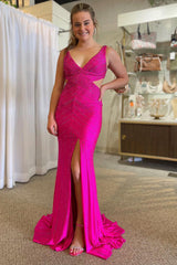 Hot Pink Mermaid Prom Dress with V Neck and Beaded Cut Outs