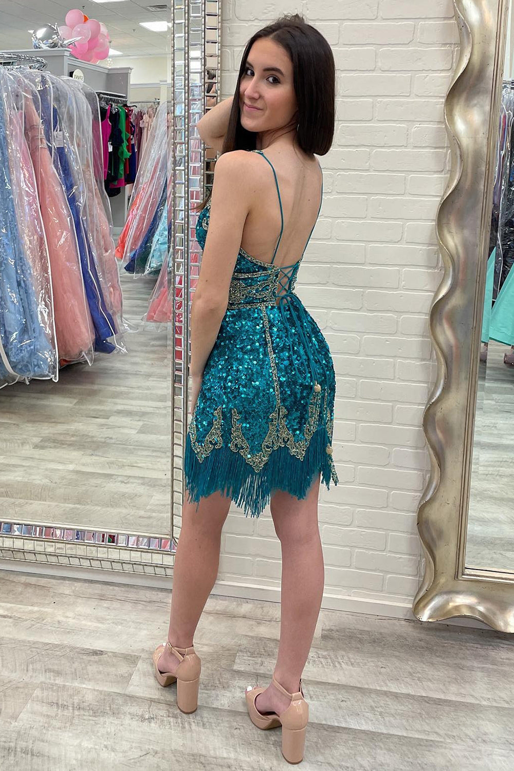 Turquoise Sequined Homecoming Dress/Mini Dress With Fringes