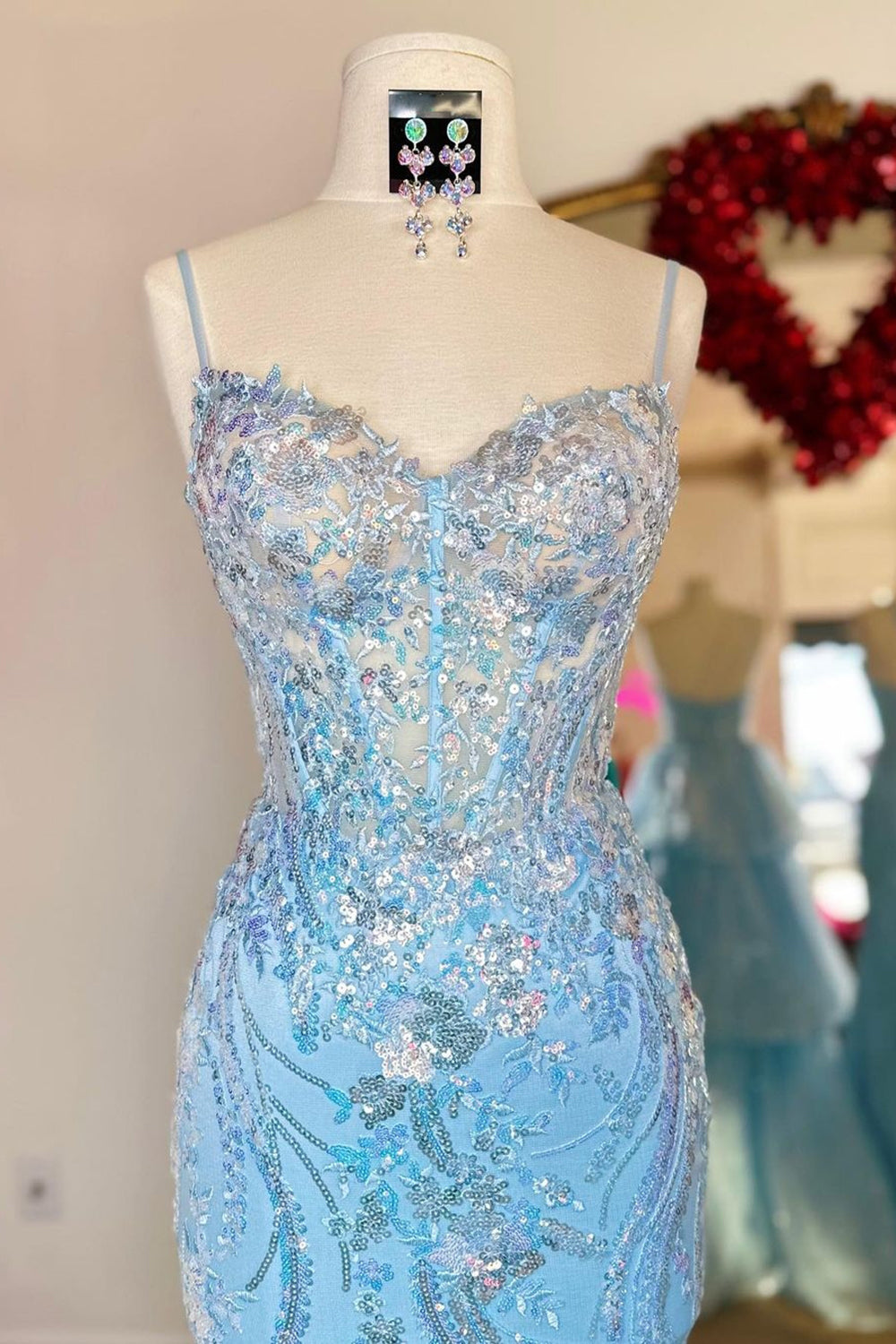 Elegant Blue Mermaid Corset Prom Dress with Sequins and Spaghetti Straps