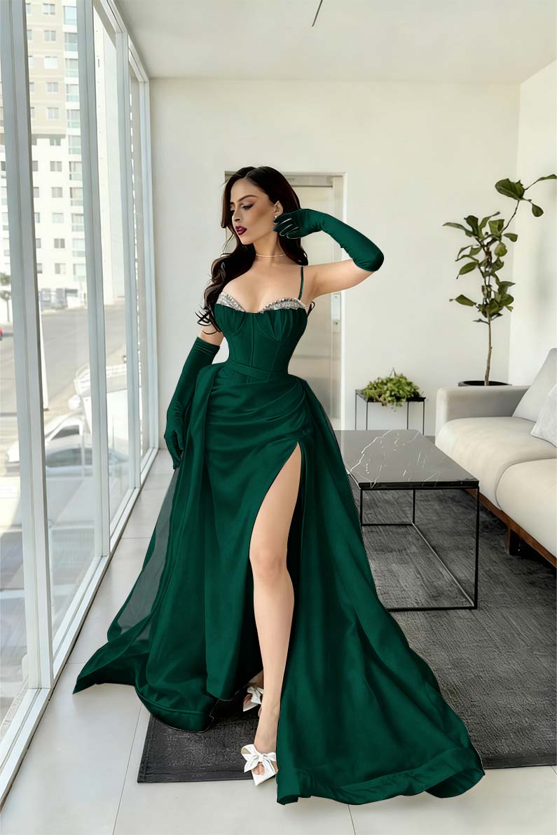 Spaghetti Strap Sleeveless Long Mermaid Formal Dress With Split Gloves