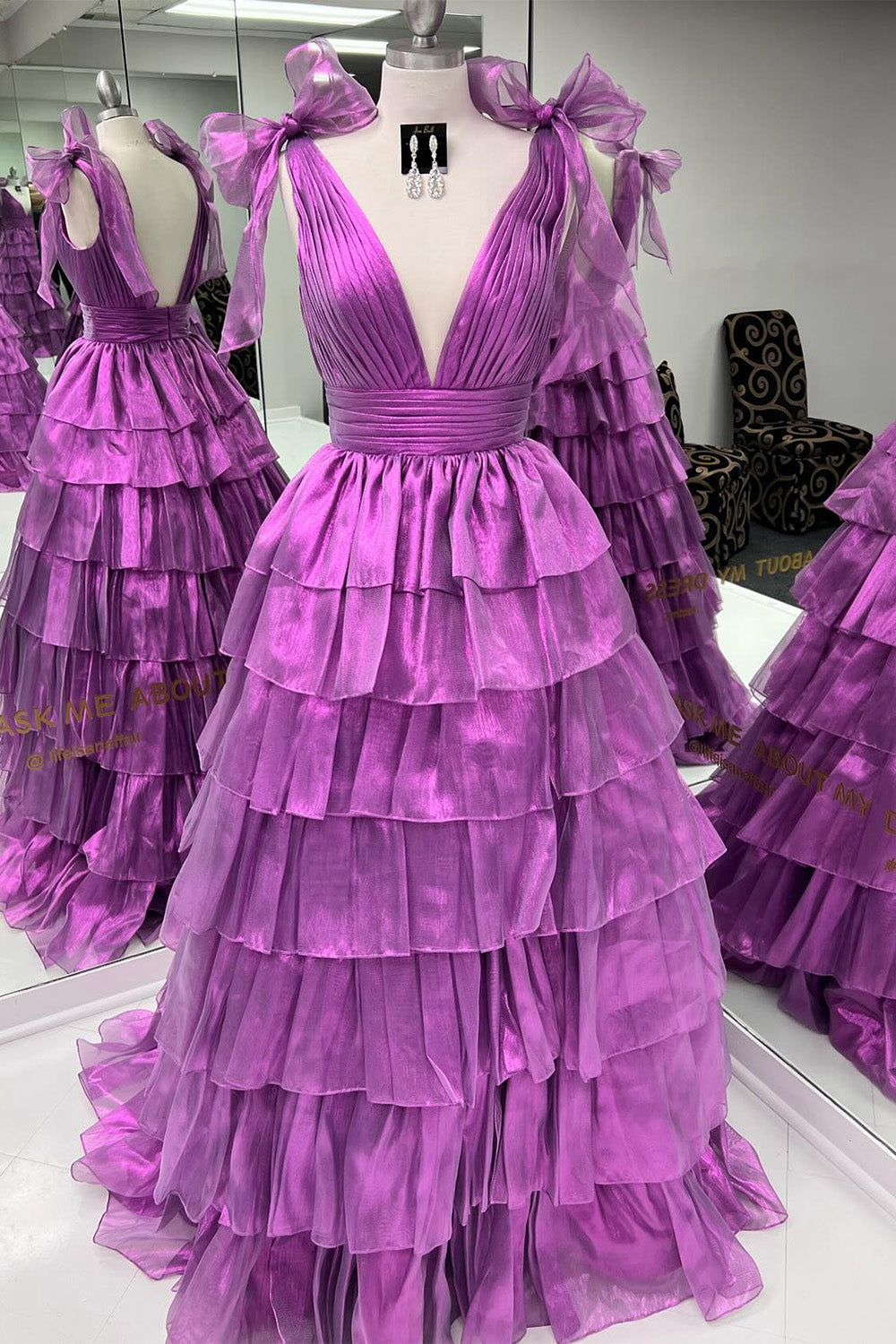 Pink Ruffled Prom Dress with Deep V Neckline in A-Line Style