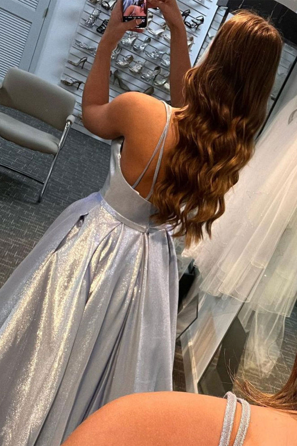 Long White Prom Dress with Pockets and Glitter