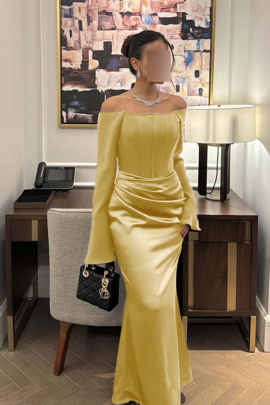 Strapless Long Sleeves Mermaid Long Formal Dress With Pleated