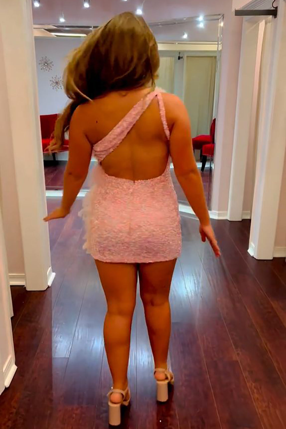 Sparkly Pink Sequined Backless Tight Homecoming Dress/Mini Dress with Feathers