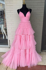 Pink Long A-Line Prom Dress Featuring Spaghetti Straps and a Split