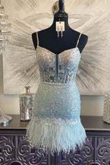 Light Blue Corset Lace Tight Short Homecoming Dress/Mini Dress with Feathers