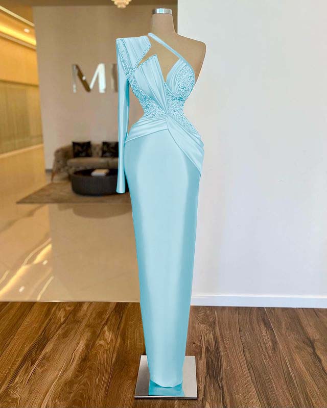 Long Sleeve One Shoulder Long Formal Dress With Pleated Appliques