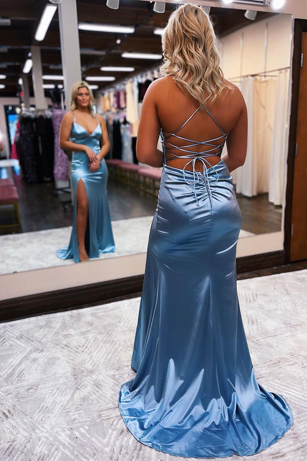Long Blue Prom Dress with Spaghetti Straps and Silt Sheath