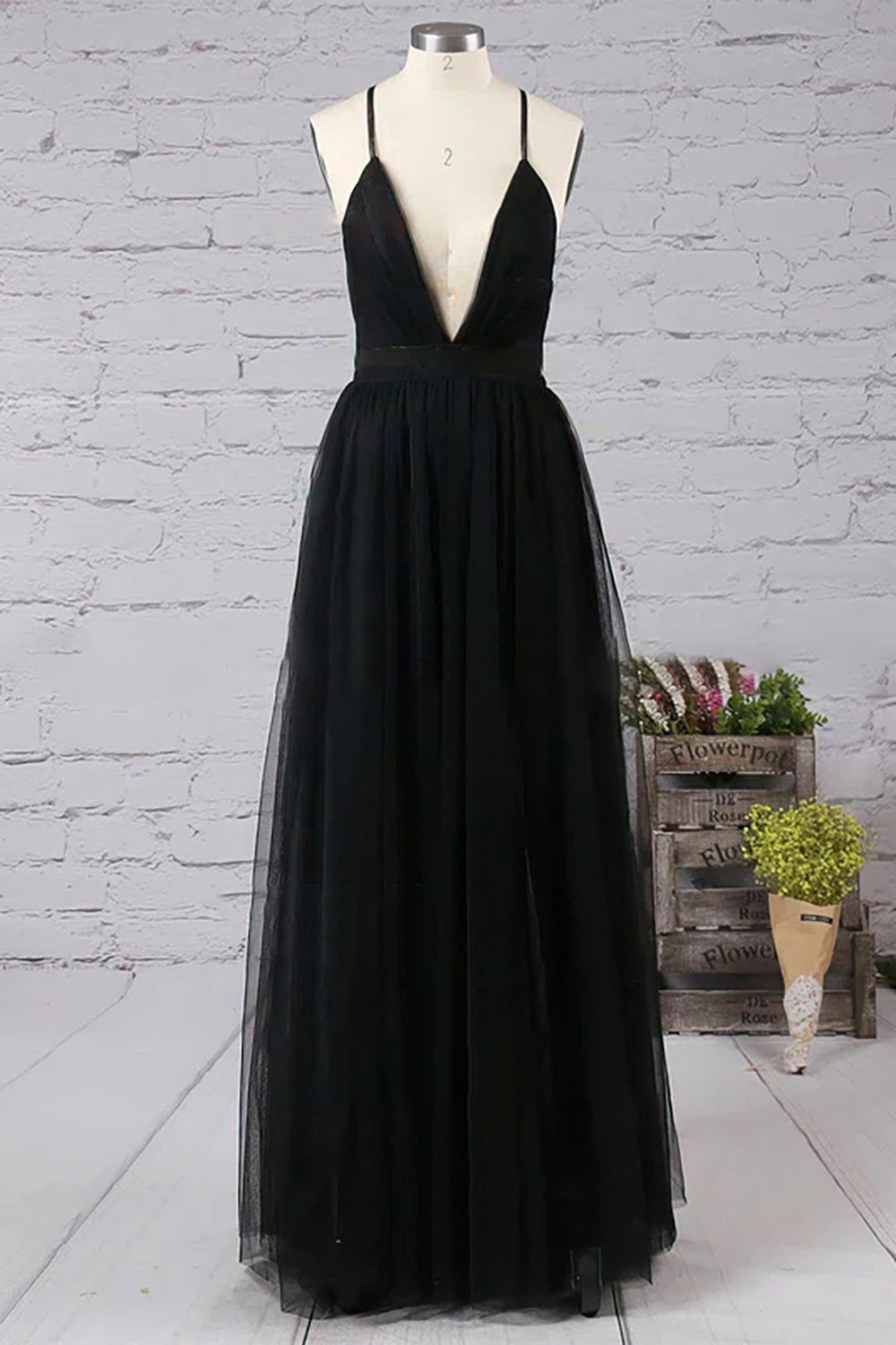 Prom Dress in Black Tulle with Deep V-Neck