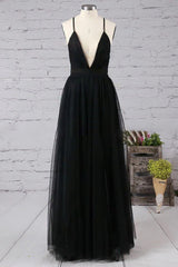 Prom Dress in Black Tulle with Deep V-Neck
