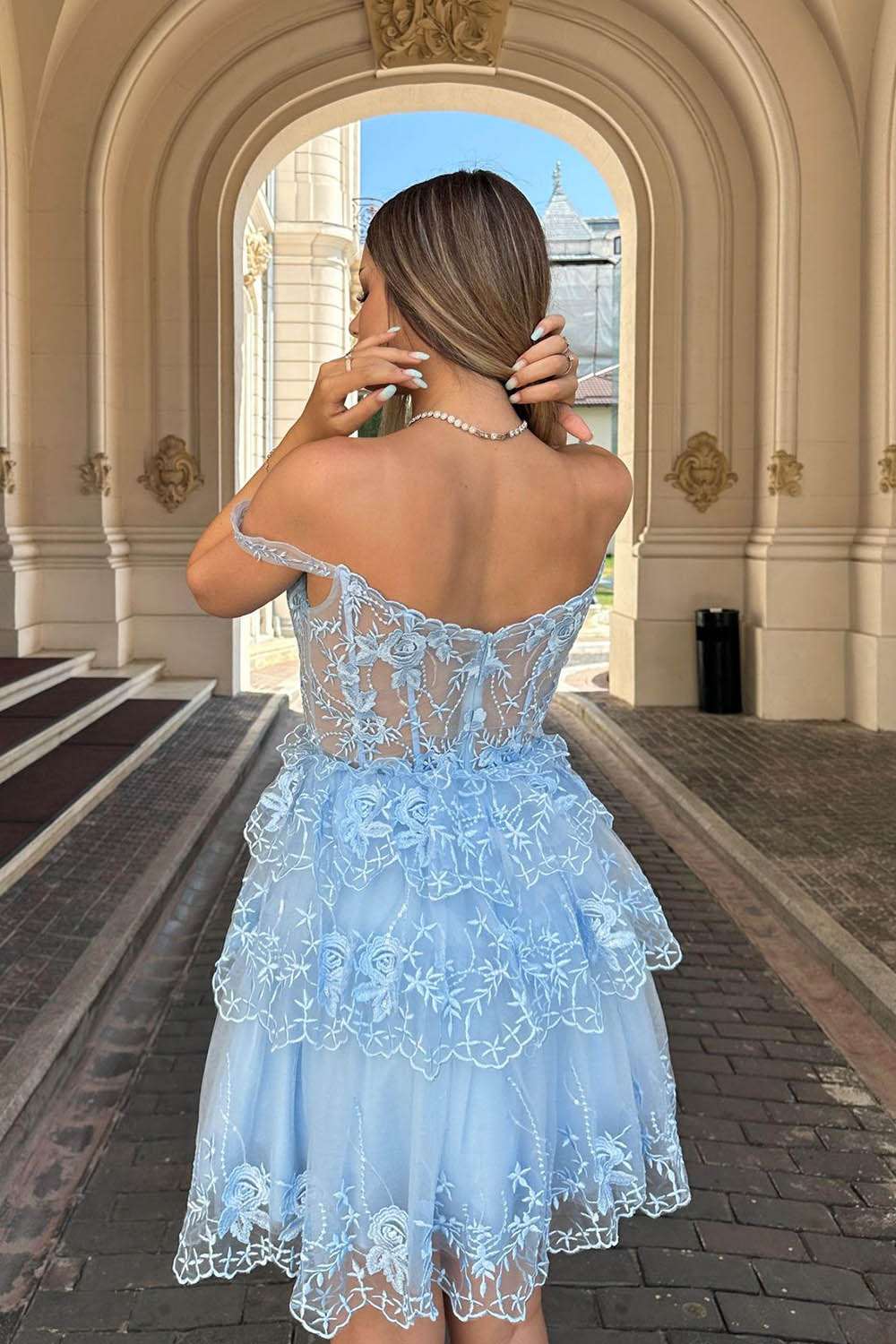 Pink A-Line Off the Shoulder Tiered Short Homecoming Dress/Mini Dress