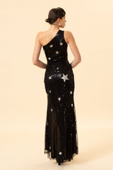 Black Star-Sequined Long Prom Dress with Mermaid One Shoulder