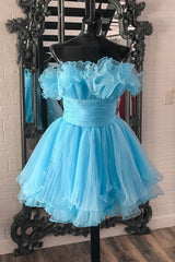 Fluffy Blue A-Line Strapless Ruffled Short Homecoming Dress/Mini Dress