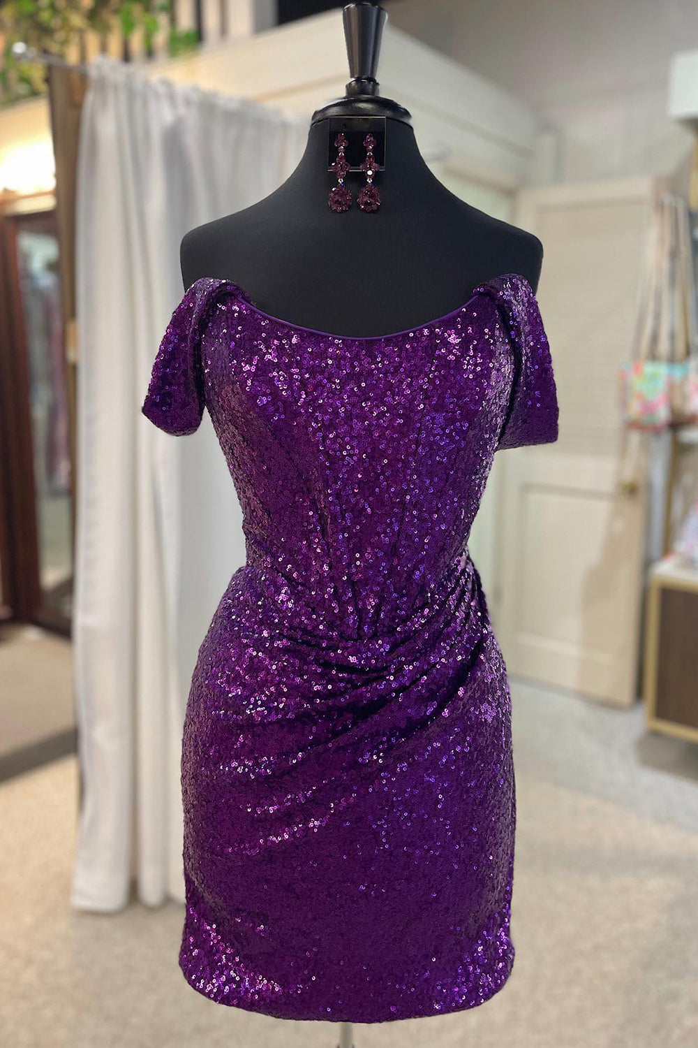 Sparkly Grape Detachable Off the Shoulder Sequins Tight Homecoming Dress/Mini Dress