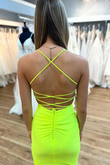 Simple Yellow Spaghetti Straps Tight Short Homecoming Dress/Mini Dress with Slit