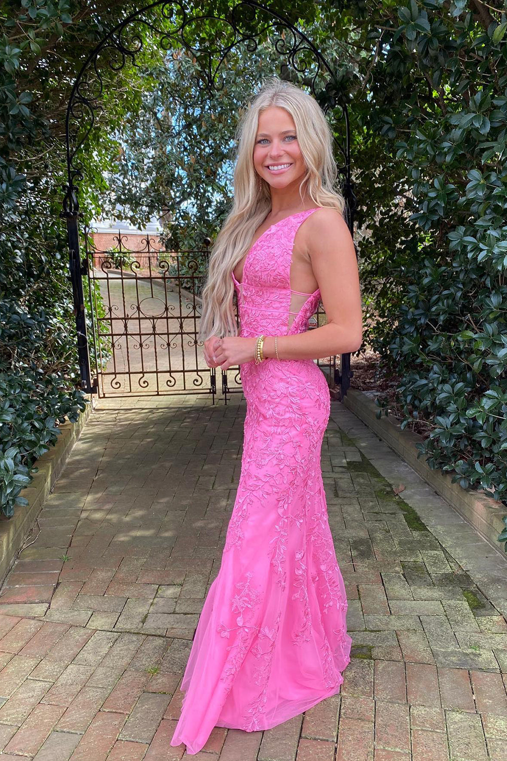 Pink Long Prom Dress with Appliques in a Mermaid Deep V Neckline