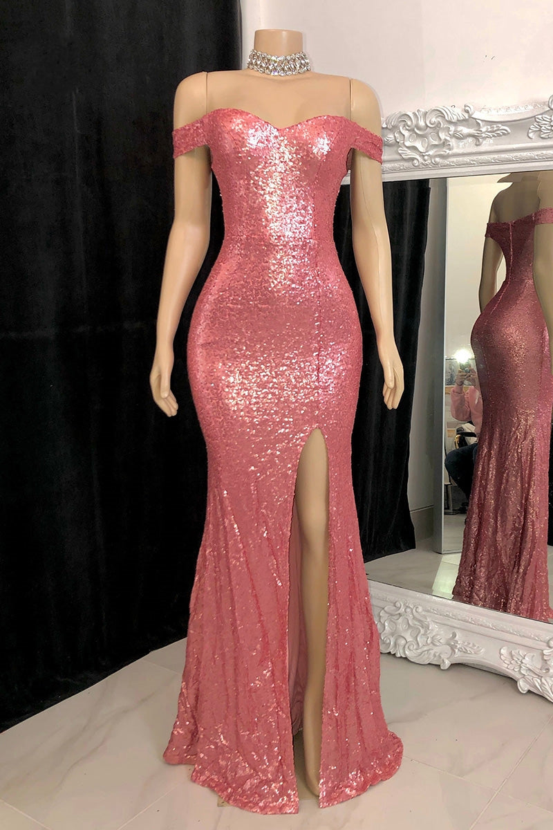 Elegant Gorgeous Off-The-Shoulder Sequins Slit Evening Dress