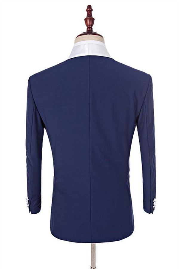 Navy Blue Groomsmen White Shawl-Lapel One-Button Three-Piece Wedding Tuxedos
