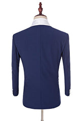 Navy Blue Three-Piece Fashion Slim Fit White Shawl Lapel with One Button