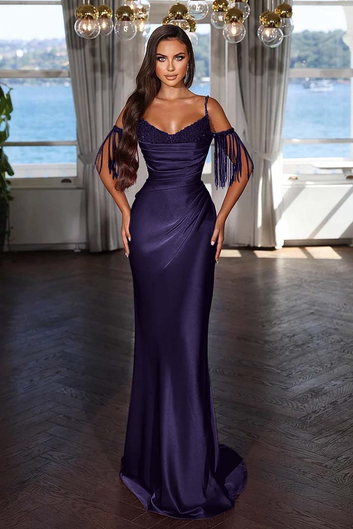 Luxury Hot Pink Spaghetti Strap Mermaid Long Evening Dress With Chic Tassels and Sequins