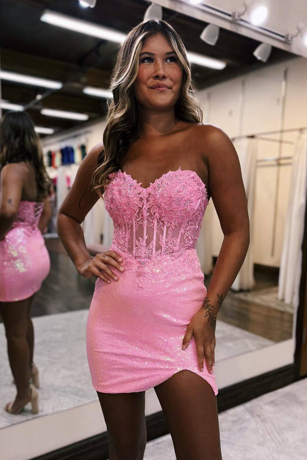Sparkly Pink Corset Detachable Short Sleeves Sequins Tight Short Homecoming Dress/Mini Dress with Lace