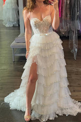 White Corset Prom Dress with Princess A Line and Ruffled Spaghetti Straps