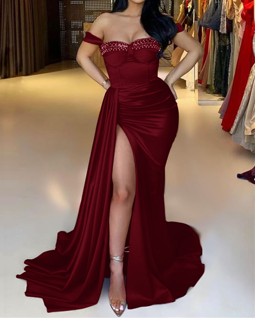 Red Mermaid Off-The-Shoulder Beadings Sweetheart Evening Dress Long With Ruffles Split