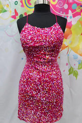 Sparkly Fuchsia Sequined Spaghetti Straps Tight Short Homecoming Dress/Mini Dress