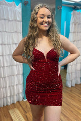 Burgundy Sequins Glitter Homecoming Dress/Mini Dress with Lace-up Back
