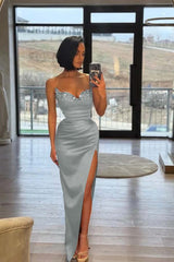 Strapless Sleeveless Long Split Formal Dress With Pleated Sequins