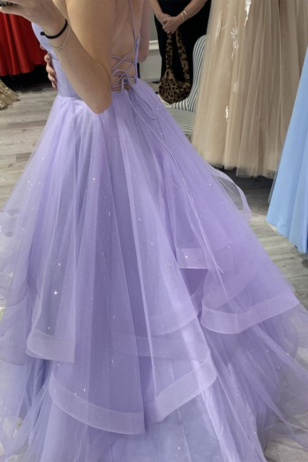 Prom Dress with Lilac Glitter Spaghetti Straps