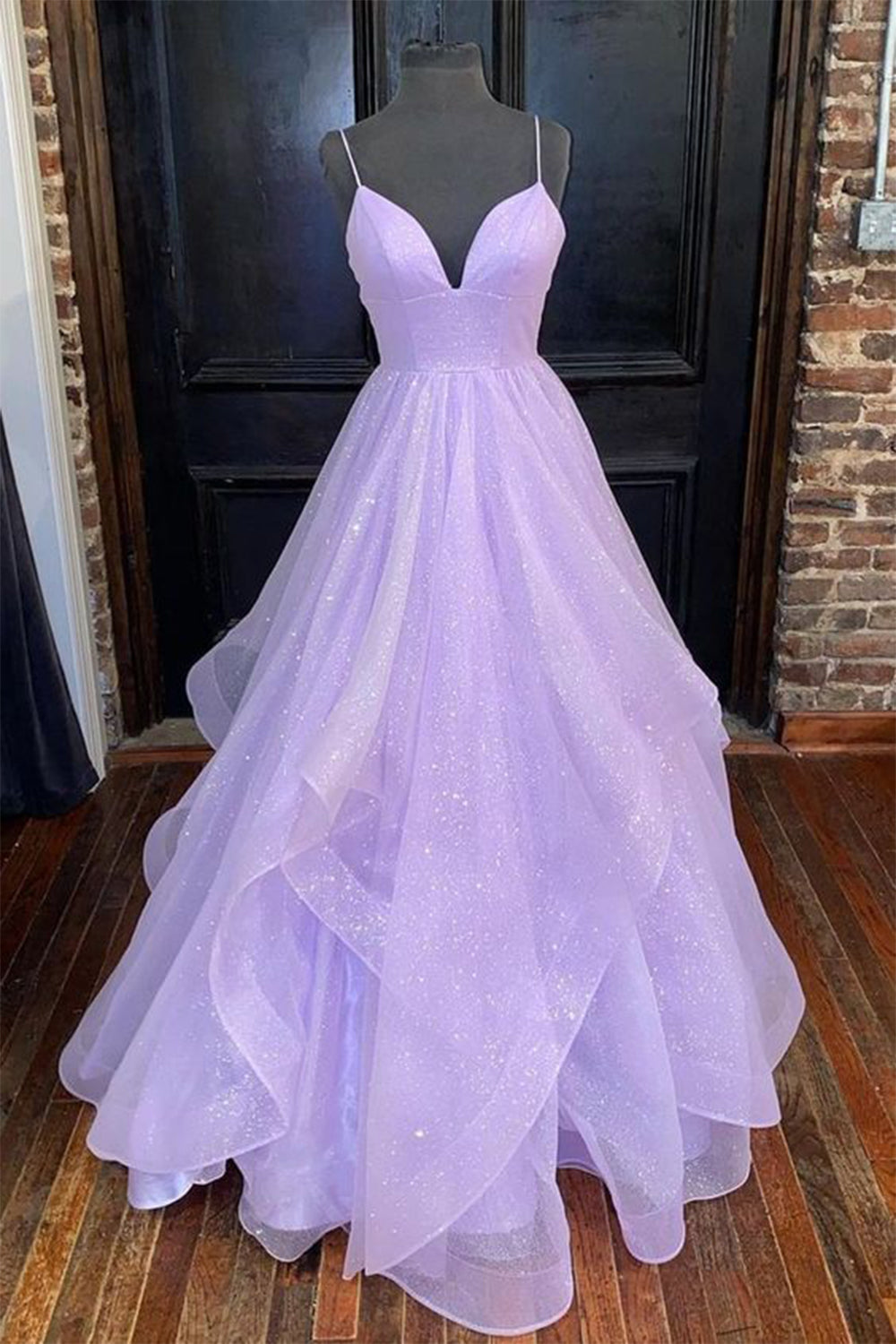Prom Dress with Lilac Glitter Spaghetti Straps