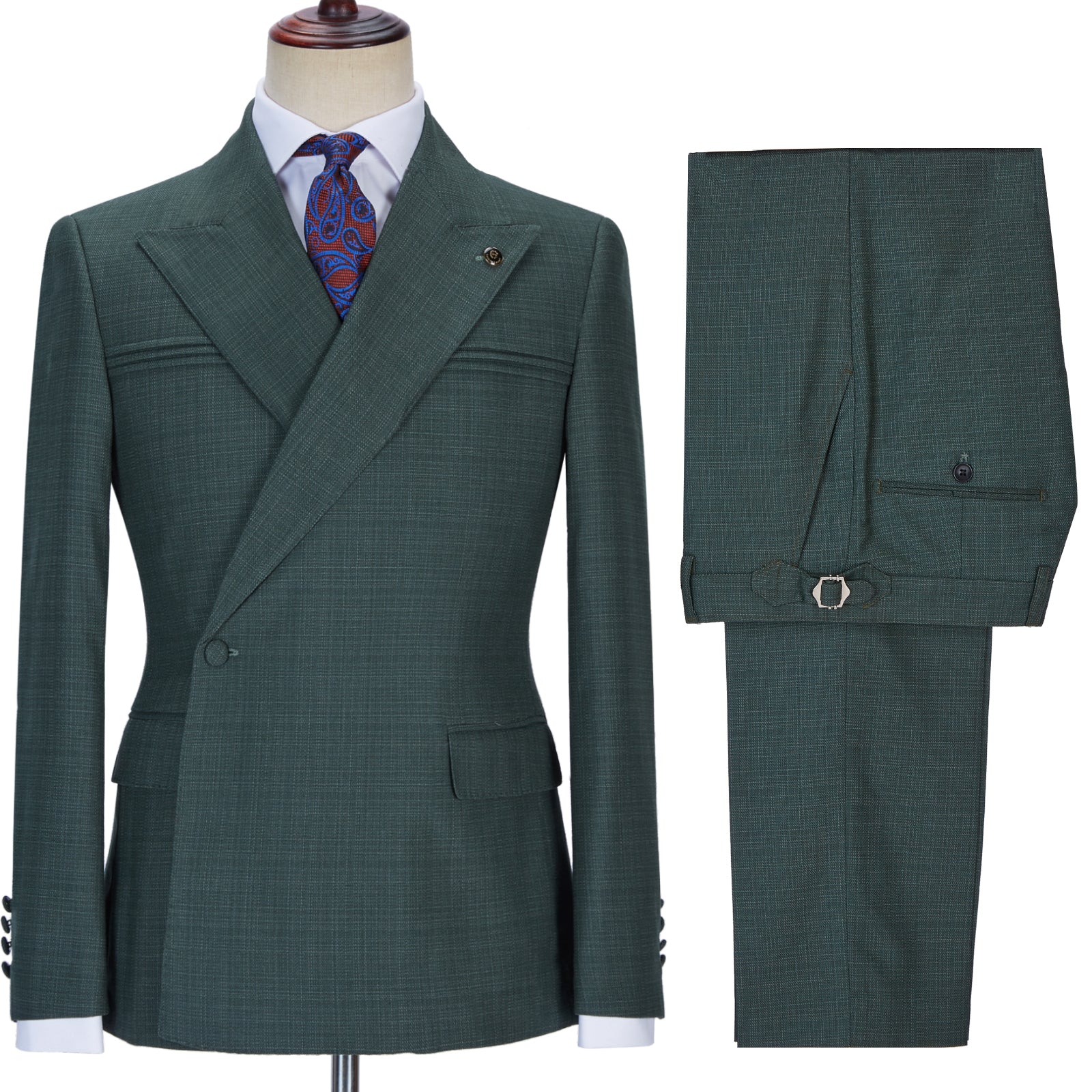 Glamorous Dark Green Peaked Lapel Wedding Suits with Ruffles