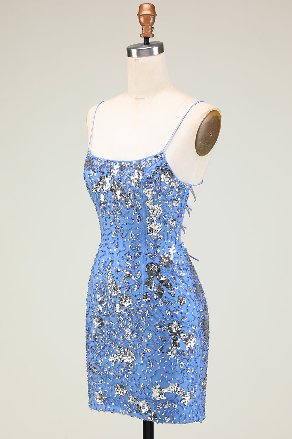 Sparkly Blue Sequined Beaded Backless Tight Short Homecoming Dress/Mini Dress