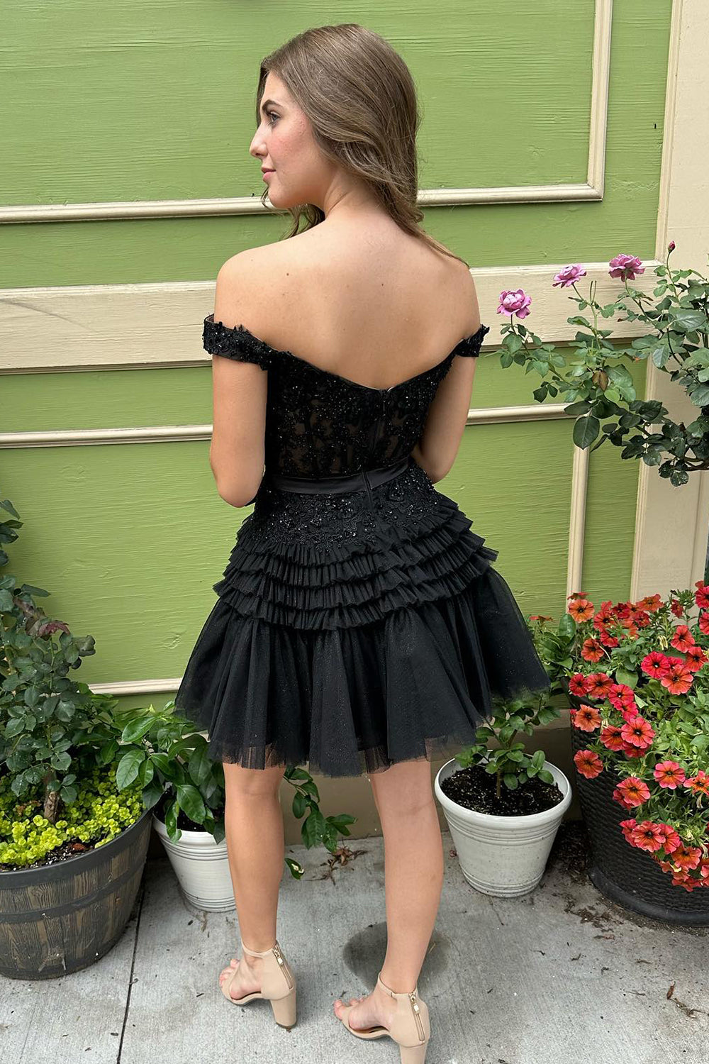 Glitter Fuchsia Tiered A-Line Tulle Corset Short Homecoming Dress/Mini Dress with Lace