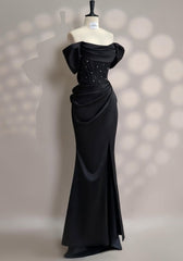 Black Off-The-Shoulder Split Bow Evening Dress