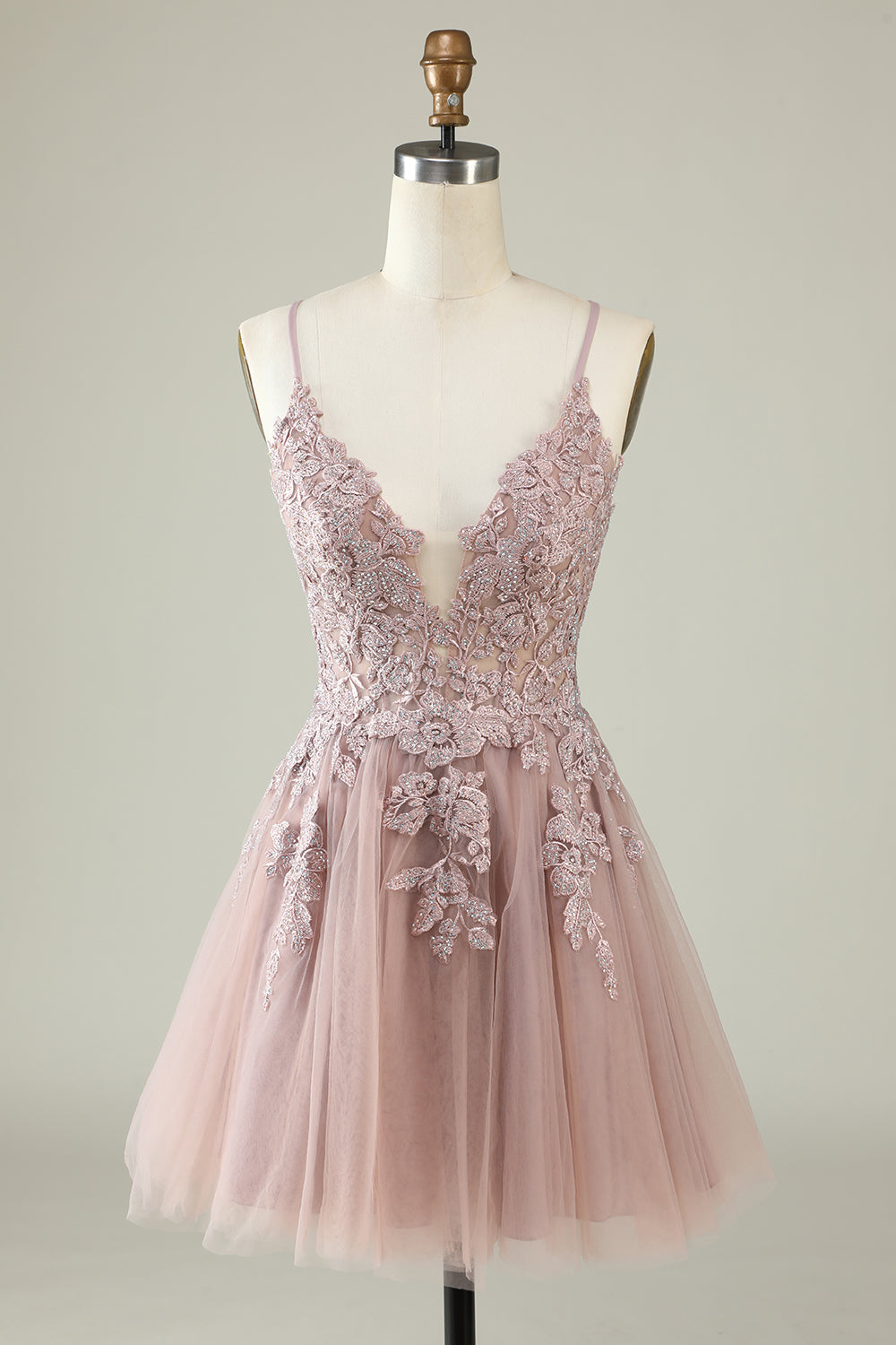 Grey Blue A Line Spaghetti Straps Light Purple Short Homecoming Dress/Mini Dress with Appliques
