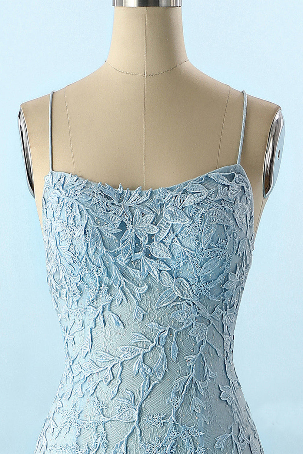 Backless Prom Dress with Blue Spaghetti Straps