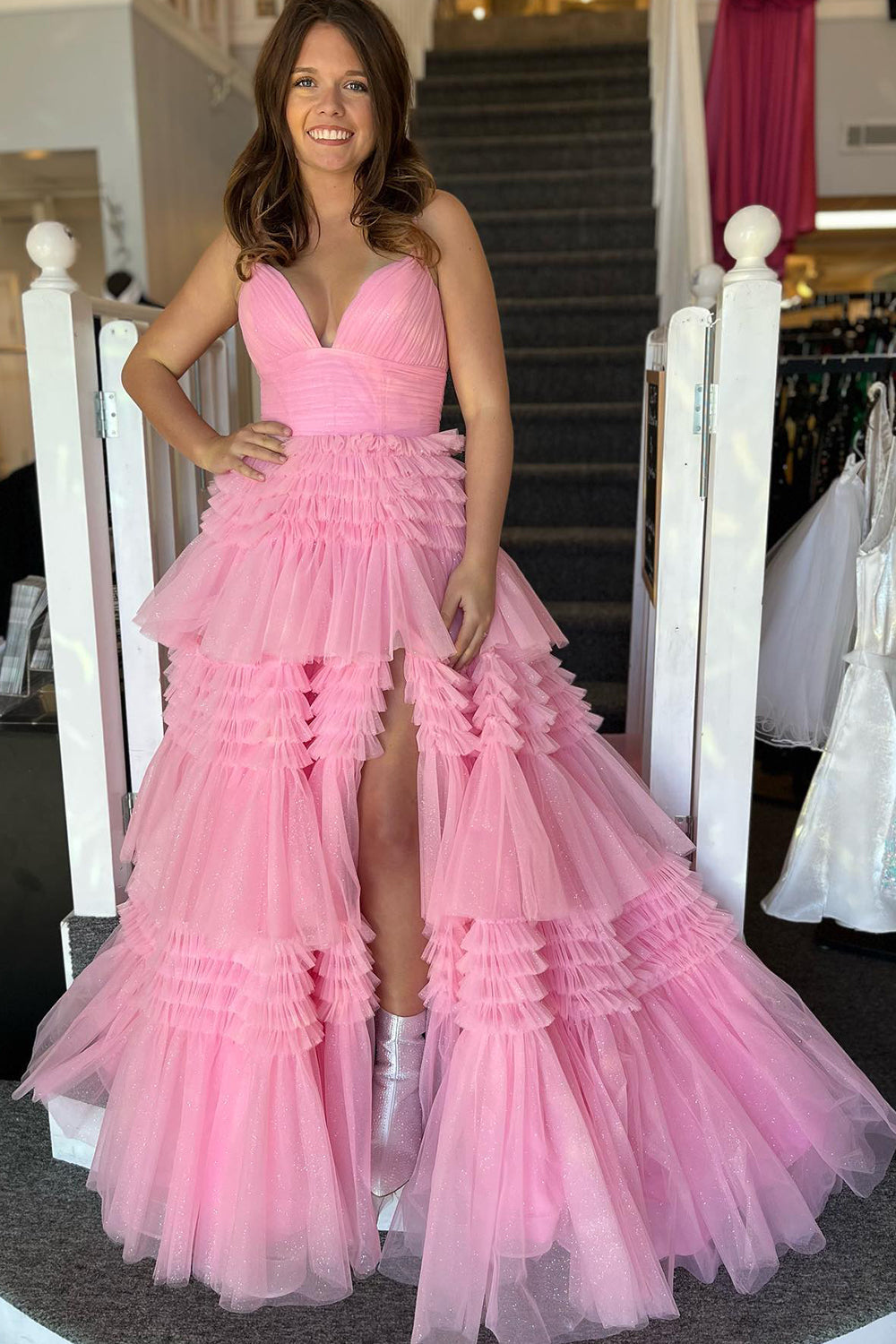 Long Prom Dress in Light Purple Tulle with Tiered Layers and Spaghetti Straps Featuring a Slit