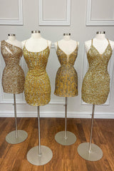 Sparkly Golden Spaghetti Straps Tight Short Sequins Homecoming Dress/Mini Dress